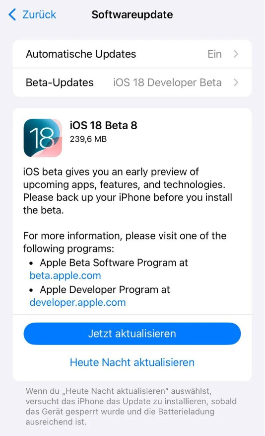山根镇苹果手机维修分享苹果 iOS / iPadOS 18 开发者预览版 Beta 8 发布 